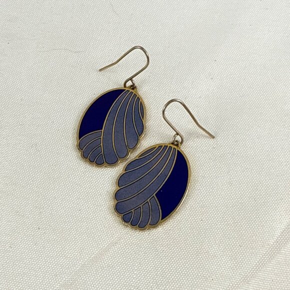 Roman Blue Purple Enamel Dangle Earrings Abstract Oval Gold Tone Hook VTG - Picture 1 of 6